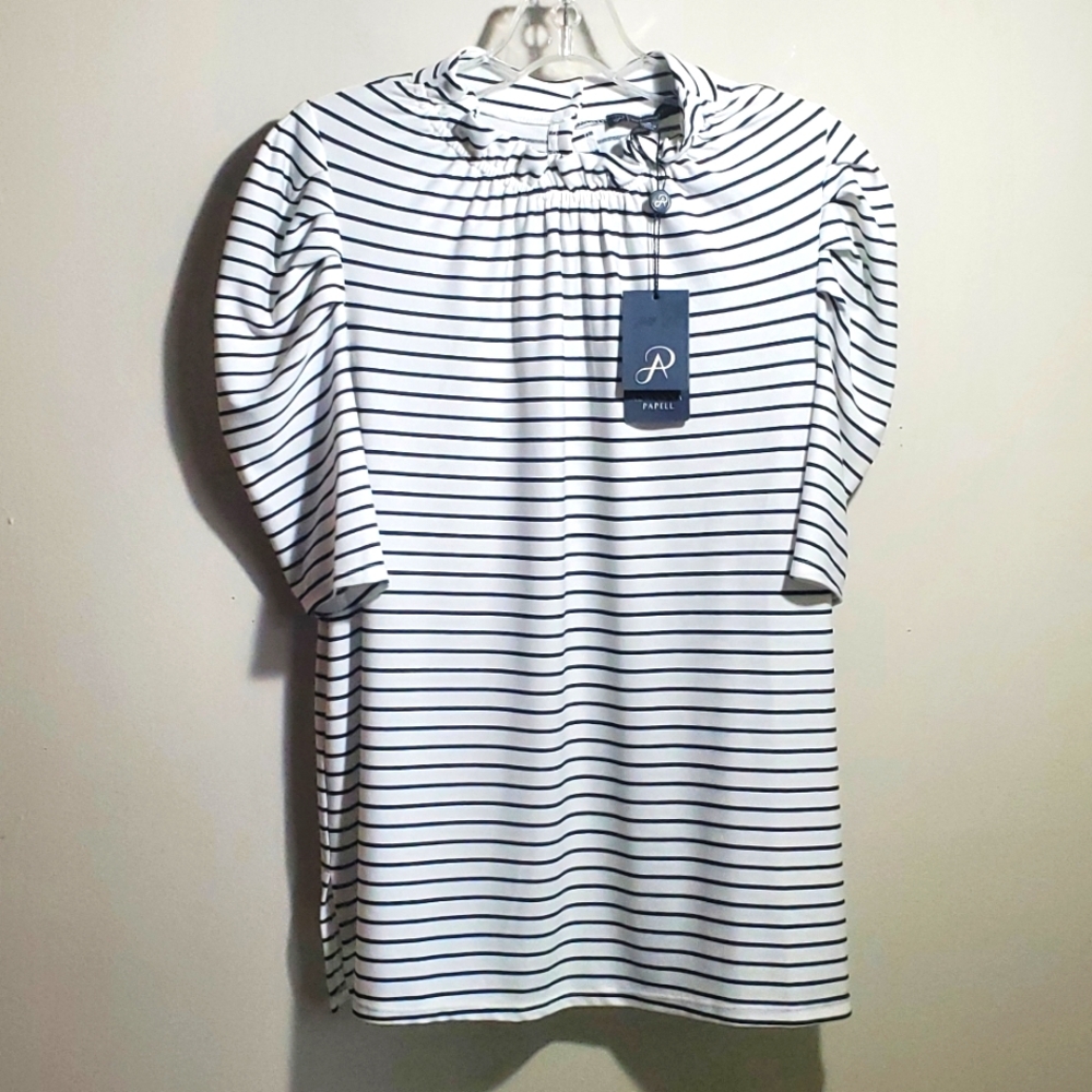 ADRIANNA PAPELL Printed Ruffle Neck Short Sleeve Stripe Knit Top Size Medium NWT
